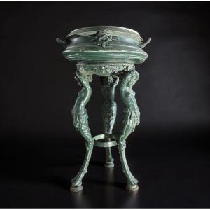 19th Rare Tripod-shaped Garden Vase With Caryatids, Parisian Art Foundry