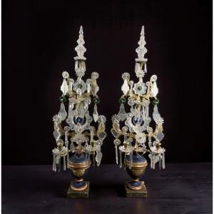Imposante Paire de Girandoles Candélabres Louis XVI Cristal Bronze Doré