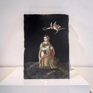 17th Veronese School Painting On Slate Saint Catherine Of Alexandria