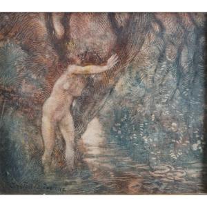 Gaston La Touche (1854-1913) "Nymphe Dans La Forêt" Aquarelle