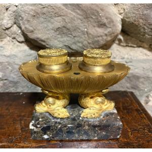 Encrier Empire Navette aux Dauphins Bronze Doré Ormolu début 19éme