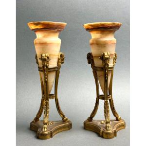 Journet Et Cie Pair Of “athénienne” Vases In Algerian Onyx And Gilded Bronze