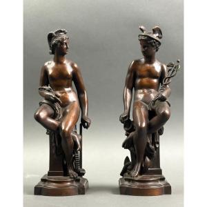 19th Pair Of Neoclassical Sculptures In Patinated Bronze From The Late Grand Tour 