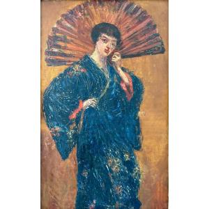 Large Portrait Of An Elegant Woman In A Blue Kimono, French School, Japonisme, 19th Century