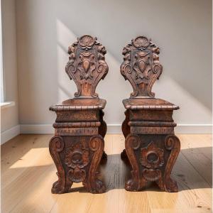 Paire de Sièges à Grotesques et Armoiries Style néo-Renaissance Italienne