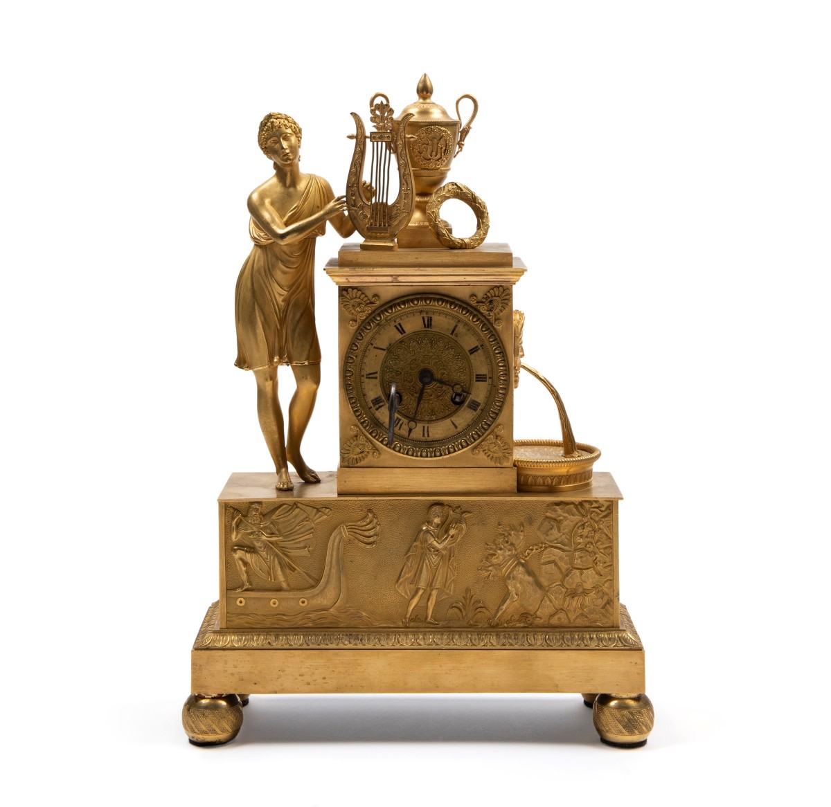 Pendule Empire en bronze doré figurant Orphée, France 19ème siècle