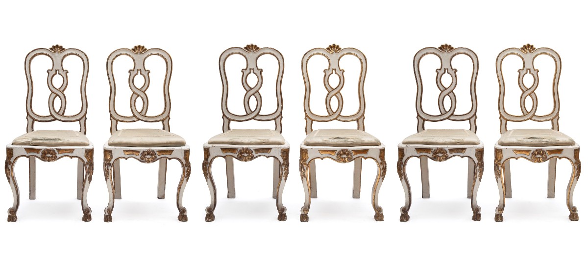 Six chaises en bois laqué et doré, Venise, XVIIIe siècle