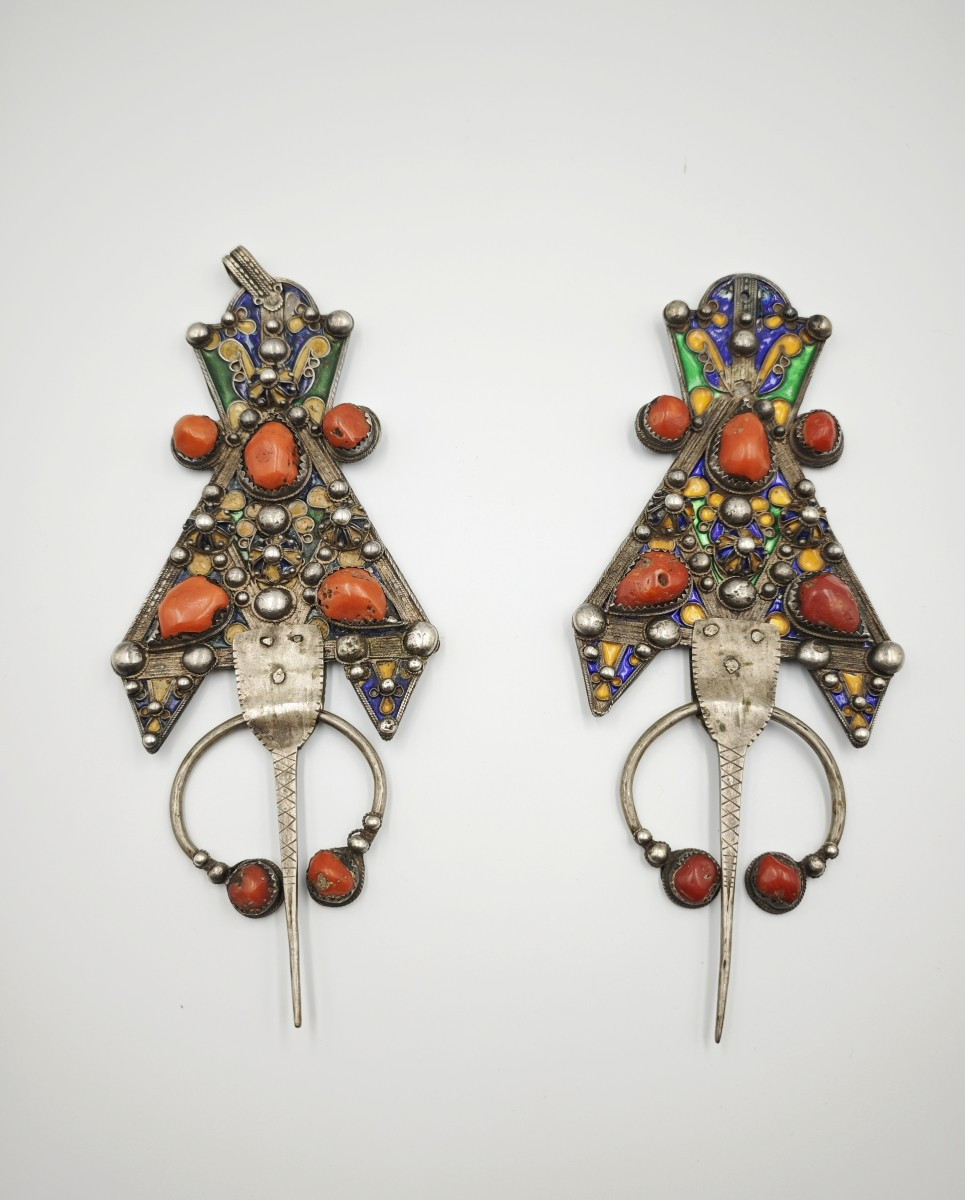 Pair Of Berber Brooches In Silver, Coral, And Polychrome Enamel, Kabylie, Early 20th Century