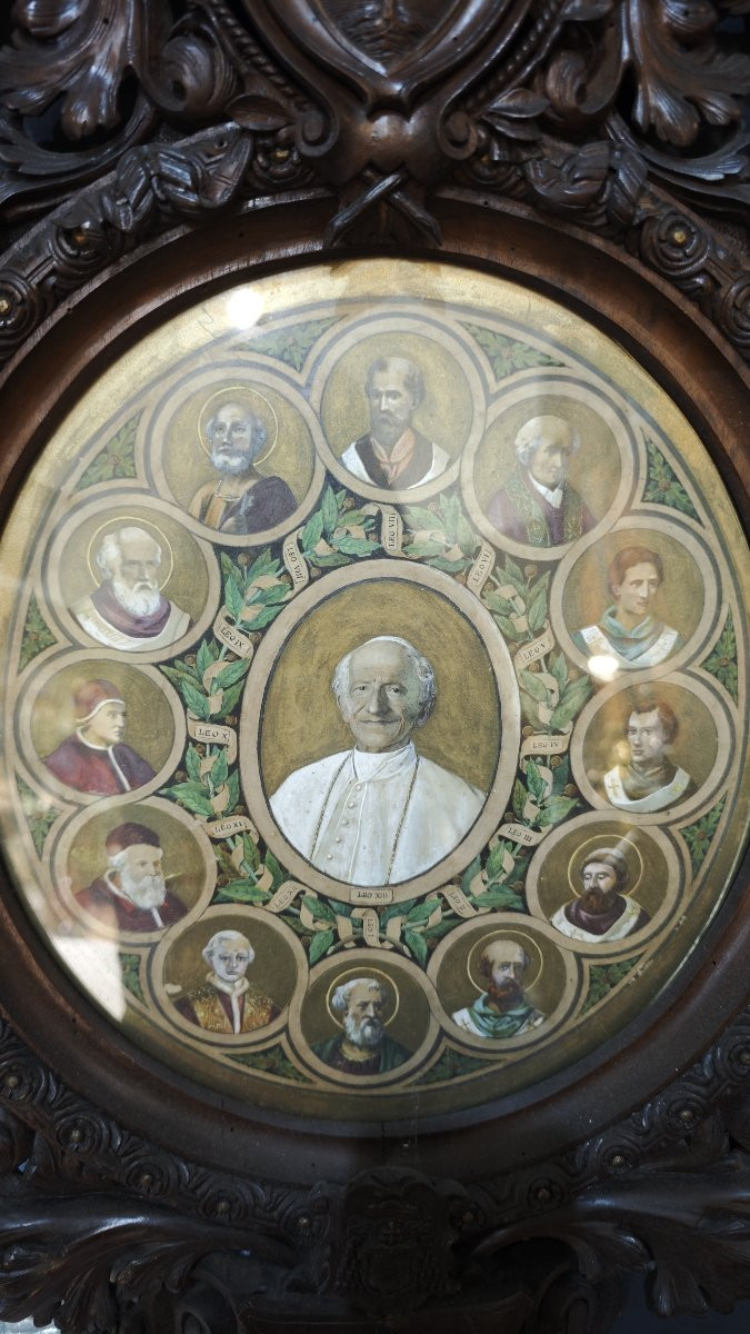 Carved Wooden Frame With A Watercolor Engraving Depicting Pope Leo XIII, 1901-photo-2