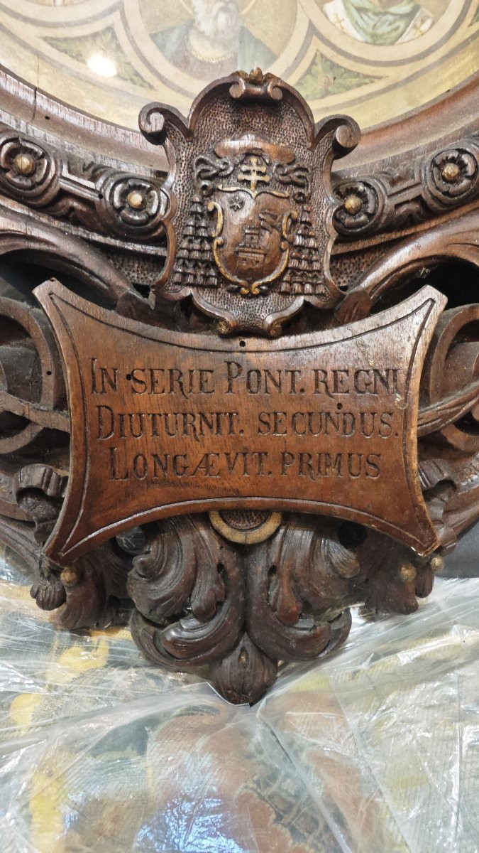 Carved Wooden Frame With A Watercolor Engraving Depicting Pope Leo XIII, 1901-photo-3