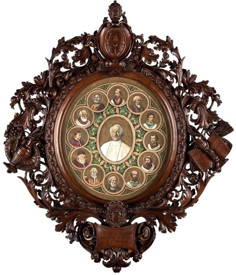 Carved Wooden Frame With A Watercolor Engraving Depicting Pope Leo XIII, 1901
