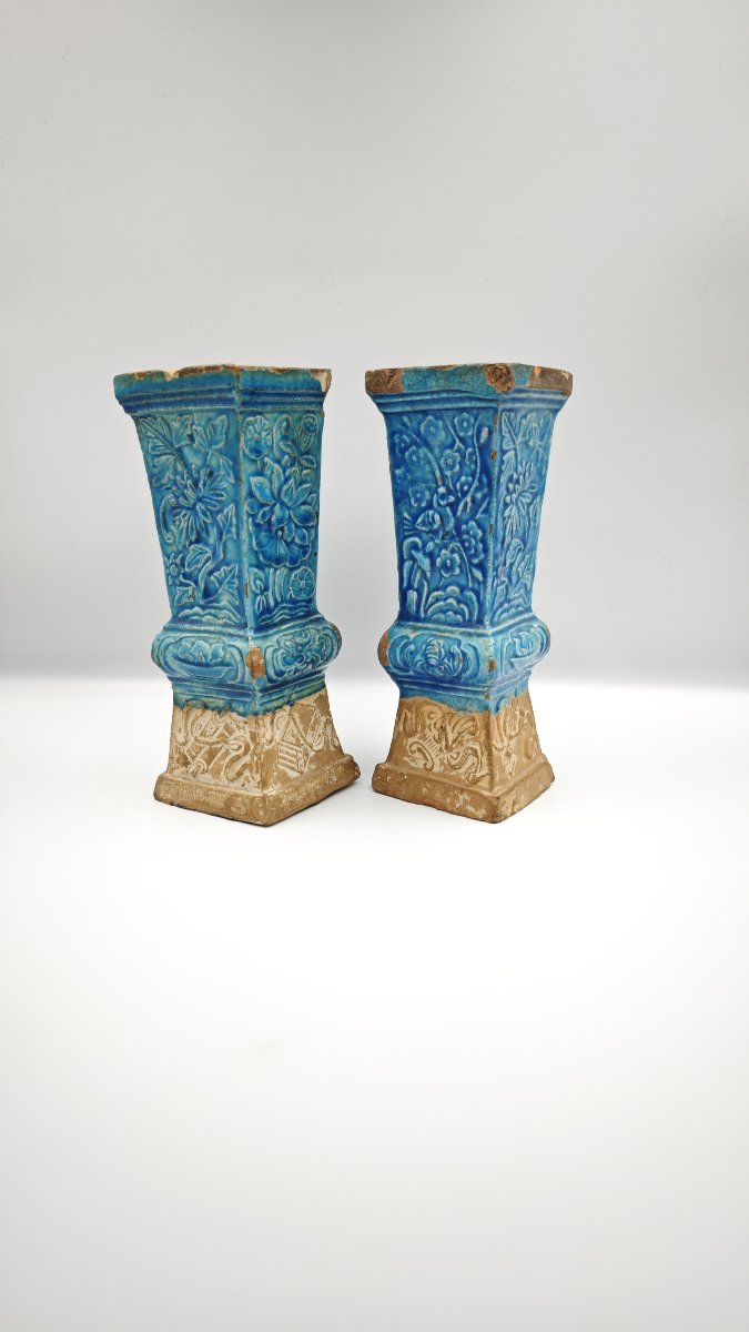 Paire de vases chinois «Gu» en terre cuite émaillée turquoise, Chine, dynastie Qing, Kangxi-photo-2