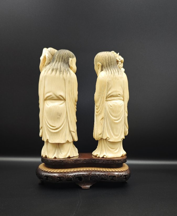 Pair Of Ivory Sculptures Depicting Hehe Twins Holding Flowers, Qing Dynasty, China-photo-2