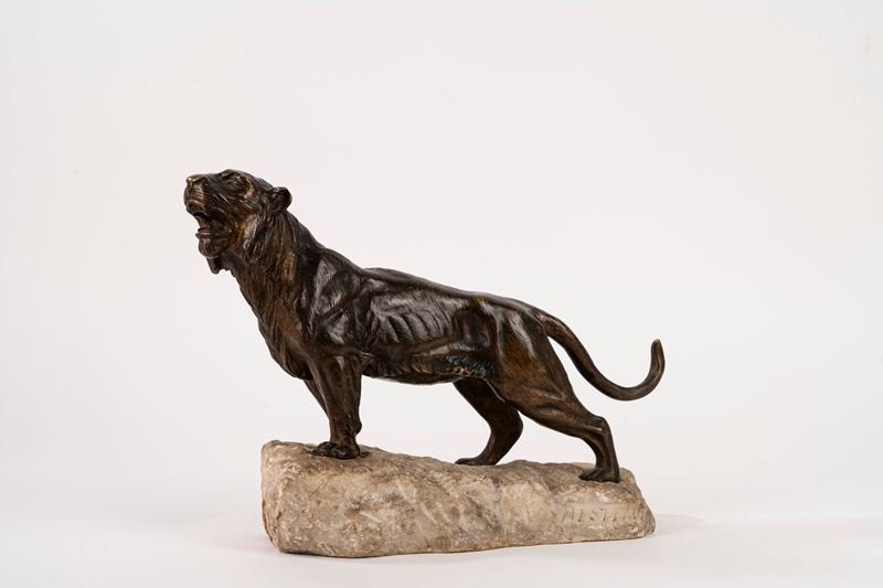 Bronze Tiger On A Stone Base, France, Early 20th Century