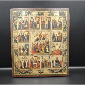 Orthodox Icon Depicting "anastasis" And "dodekaorton," 19th Century