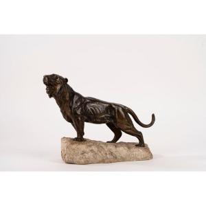 Bronze Tiger On A Stone Base, France, Early 20th Century