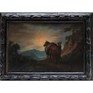 École flamande, XVIIIe siècle, CHEVAL ET CAVALIER DANS UN PAYSAGE