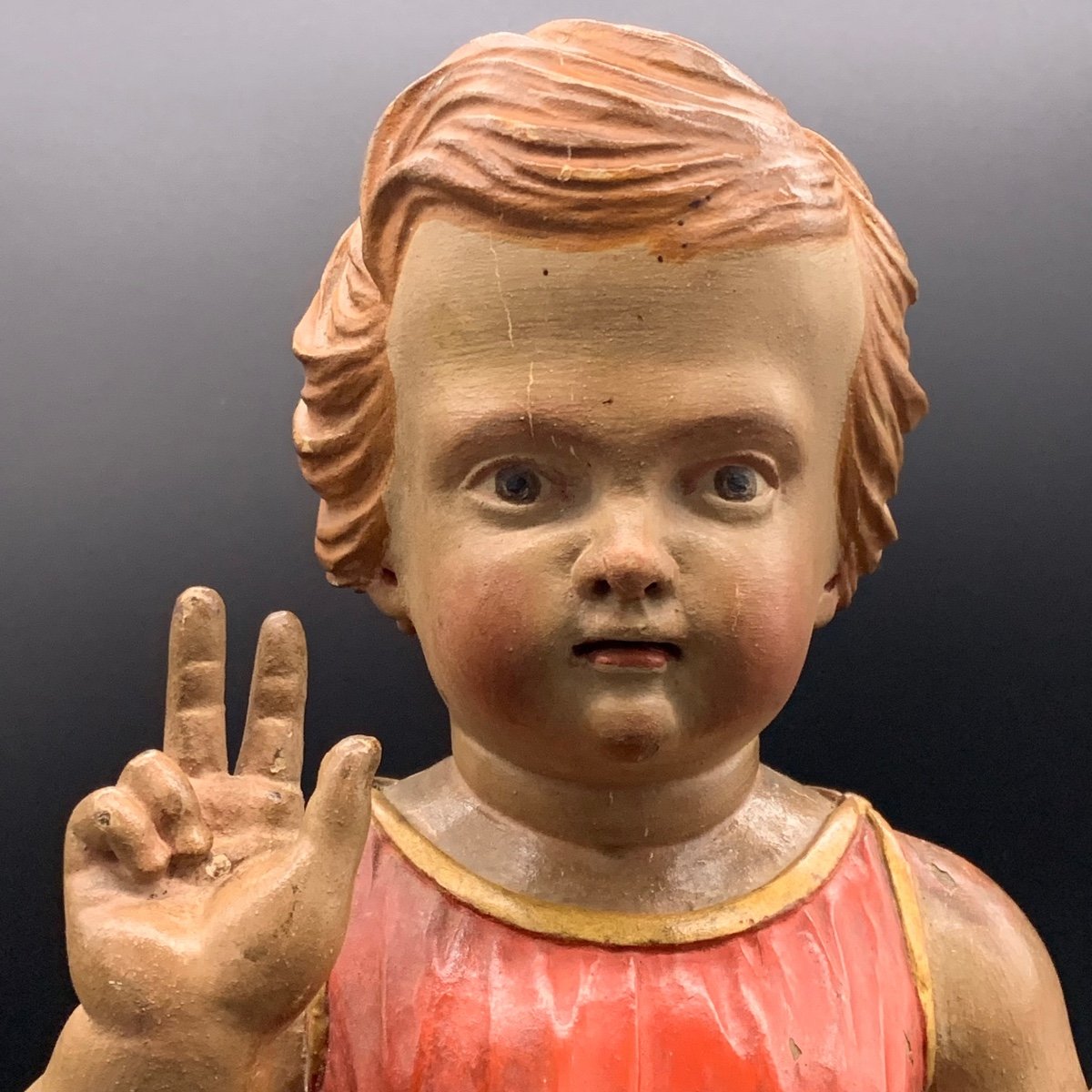 Polychrome Wooden Sculpture Depicting The Blessing Child Jesus- 19th Century-photo-1