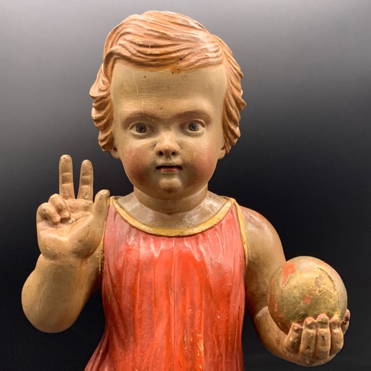 Polychrome Wooden Sculpture Depicting The Blessing Child Jesus- 19th Century-photo-2