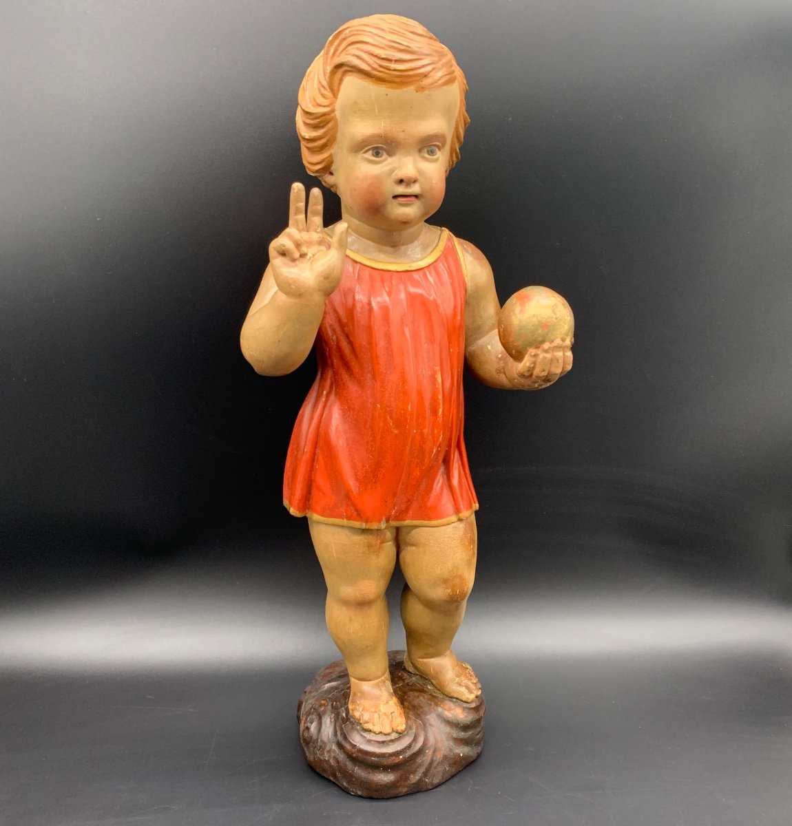 Sculpture En Bois Polychrome Représentant l'Enfant Jésus Bénissant.- XIX Siècle 