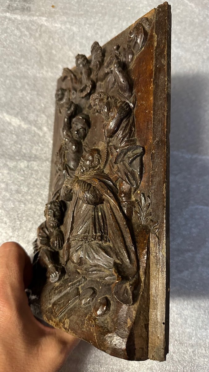 Ancient Panel, Finely Sculpted Bas-relief Depicting A Sacred Scene - 17th Century.-photo-4
