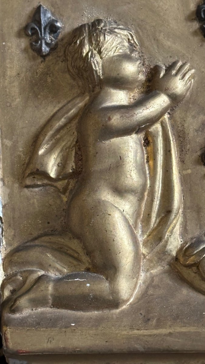Panneau, Bas-relief En Bois Doré Aux Anges - XIXe Siècle-photo-7