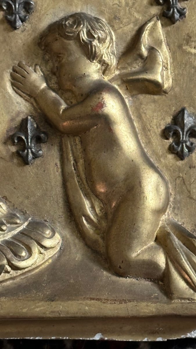 Panneau, Bas-relief En Bois Doré Aux Anges - XIXe Siècle-photo-8
