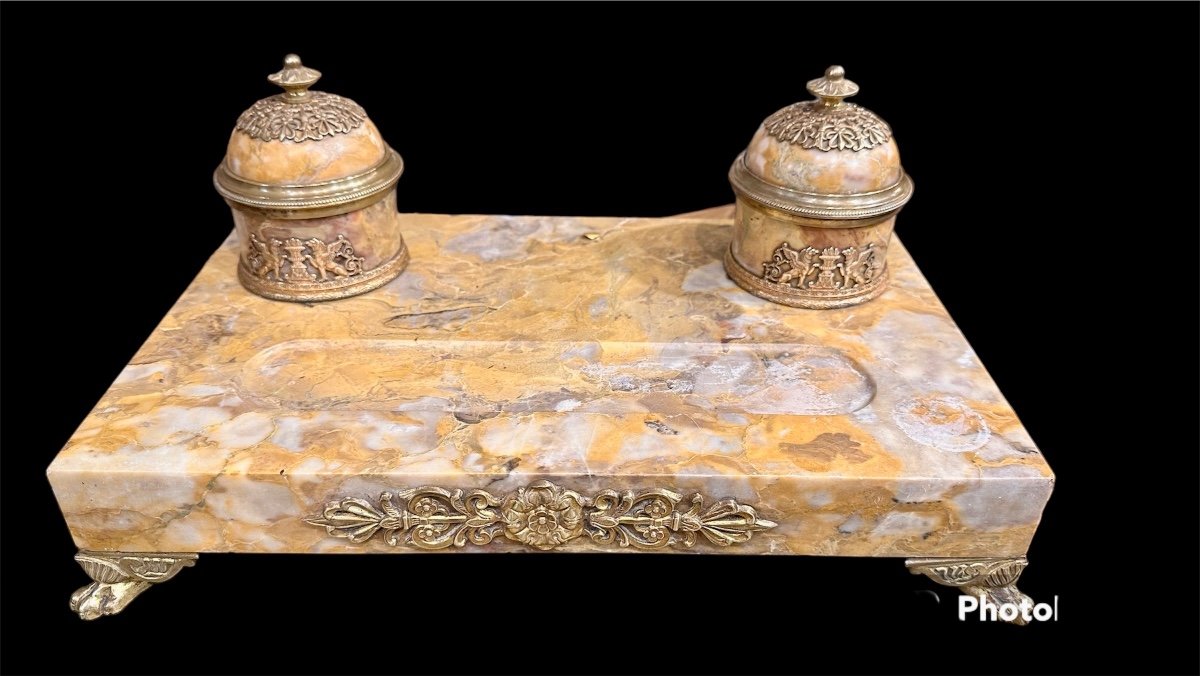 Golden Bronze And Marble Inkwell, 19th Century-photo-2