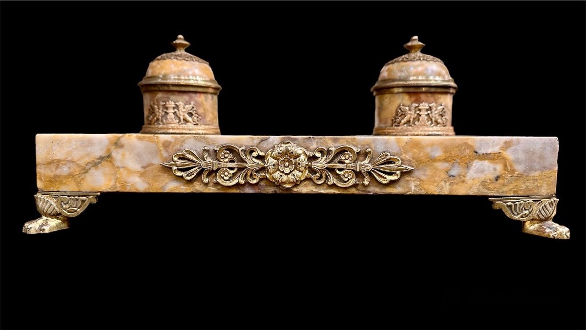 Golden Bronze And Marble Inkwell, 19th Century-photo-3