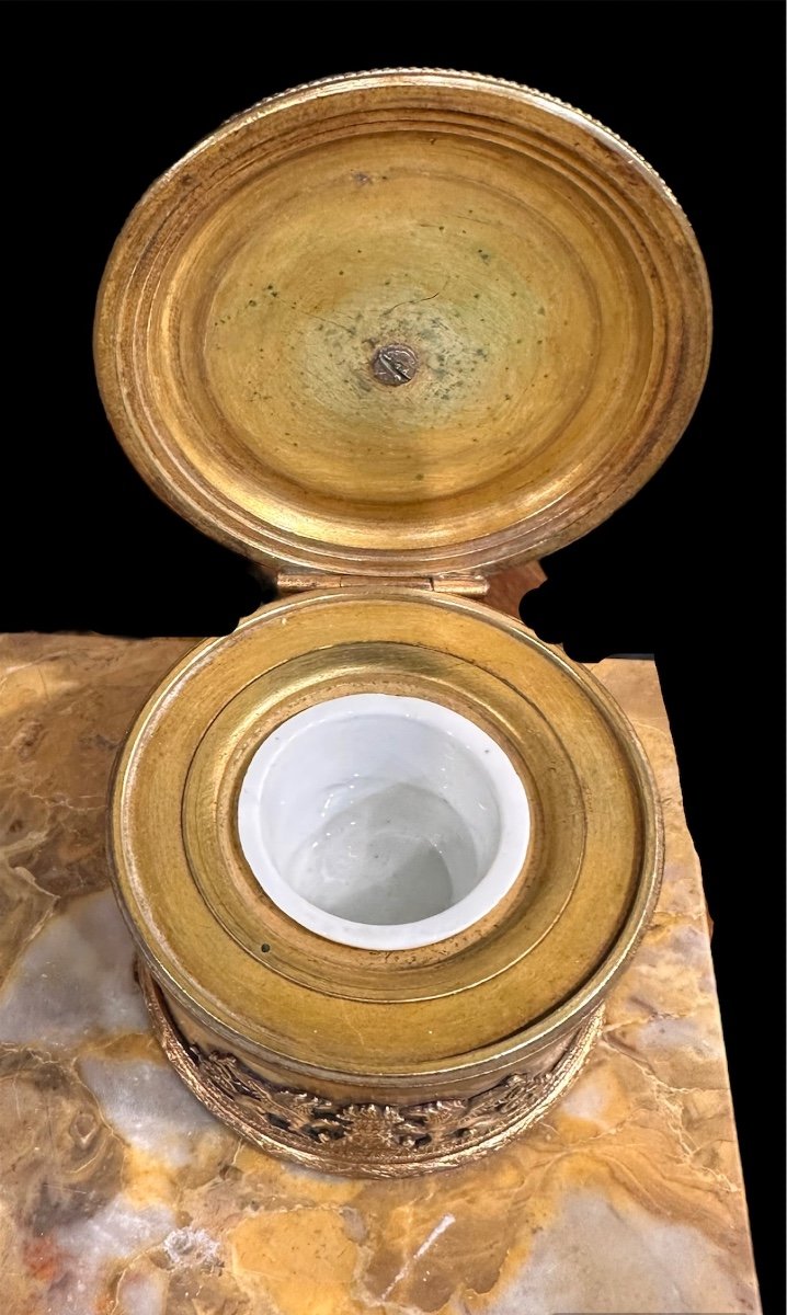 Golden Bronze And Marble Inkwell, 19th Century-photo-2