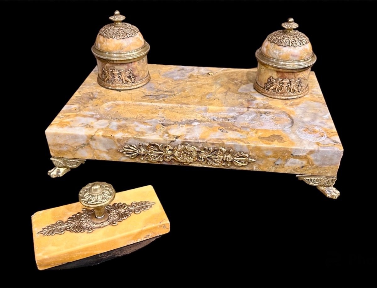 Golden Bronze And Marble Inkwell, 19th Century