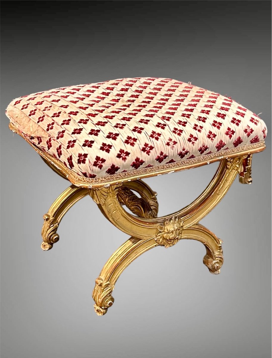 Bench, Genoese Empire Stool In Gilded And Carved Wood - Early 19th Century.-photo-3
