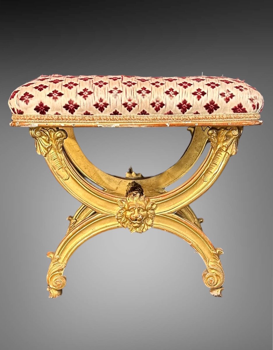 Bench, Genoese Empire Stool In Gilded And Carved Wood - Early 19th Century.-photo-4