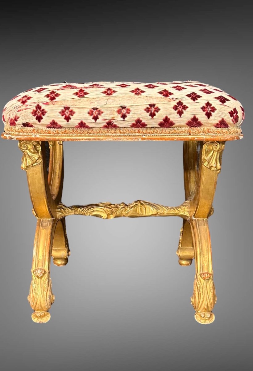 Bench, Genoese Empire Stool In Gilded And Carved Wood - Early 19th Century.-photo-1