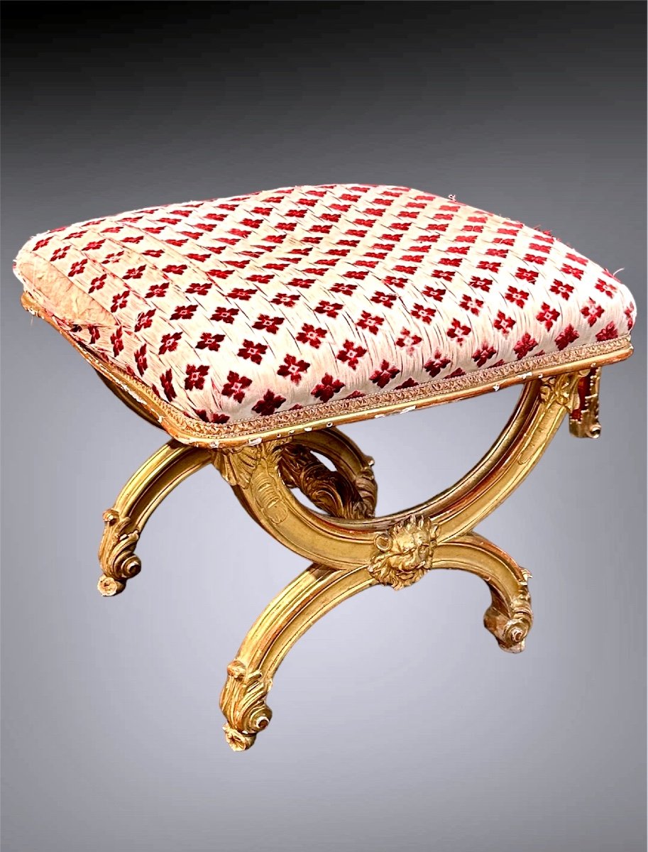 Bench, Genoese Empire Stool In Gilded And Carved Wood - Early 19th Century.