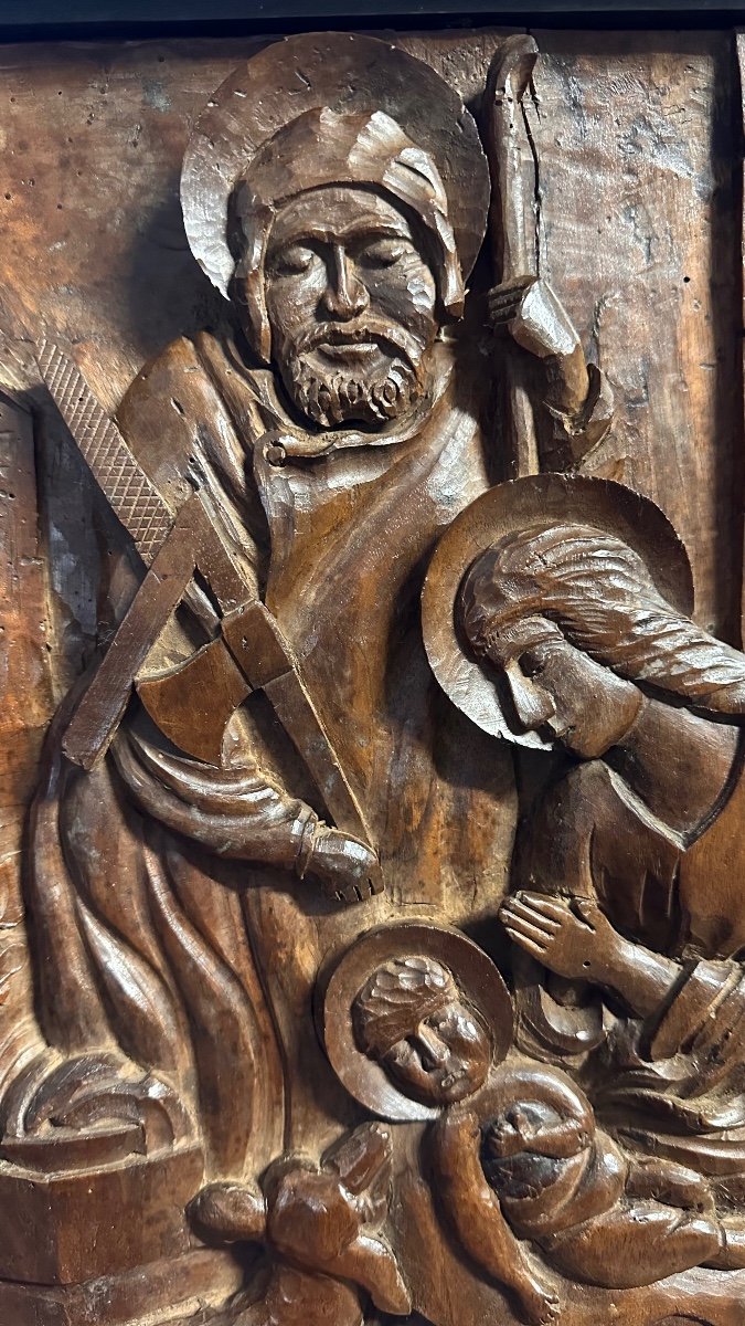 Wooden Relief Sculpture, Carved Panel "holy Family" - 19th Century-photo-2