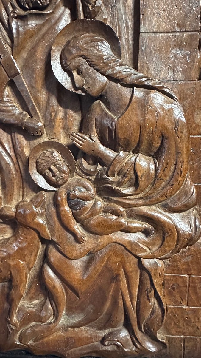 Wooden Relief Sculpture, Carved Panel "holy Family" - 19th Century-photo-3