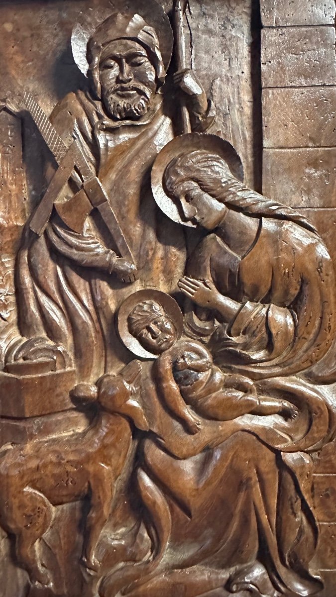 Wooden Relief Sculpture, Carved Panel "holy Family" - 19th Century-photo-4