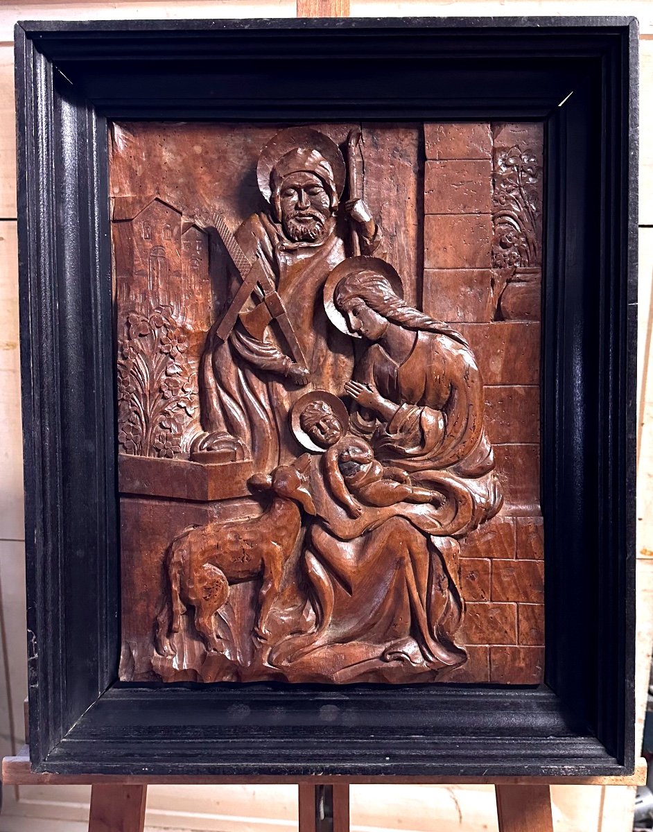 Wooden Relief Sculpture, Carved Panel "holy Family" - 19th Century