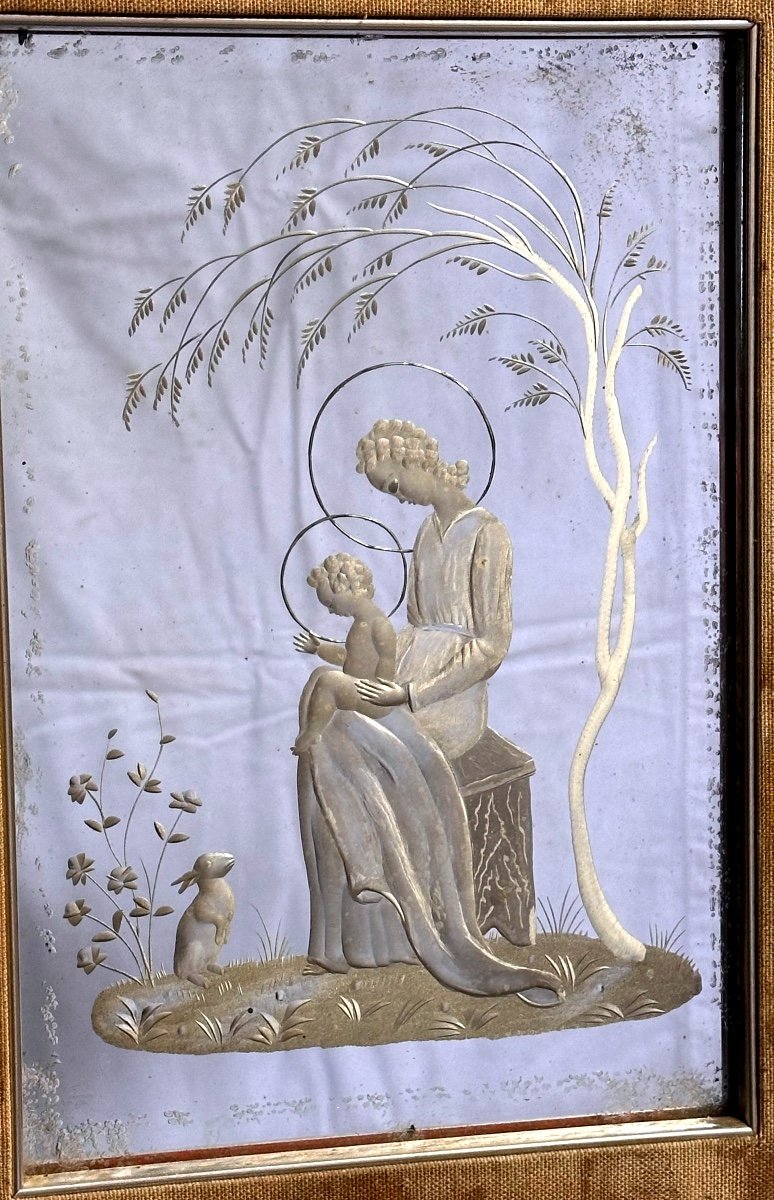 Miroir,  Gravé "madone à l'Enfant Jésus Et Au Lapin"  - Années 1950.