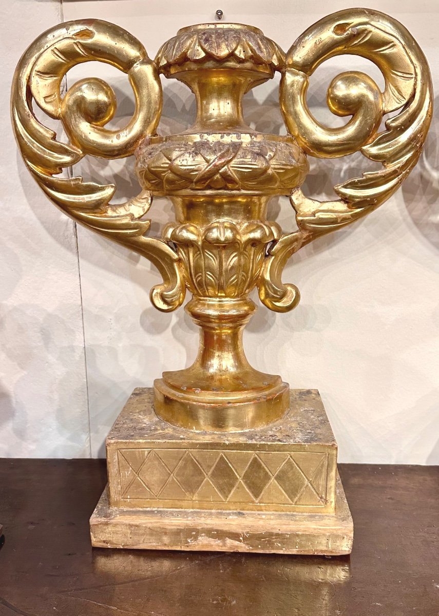 Paire De Vases Palmiers En Bois Sculpté Et Doré - 18ème Siècle.  -photo-2