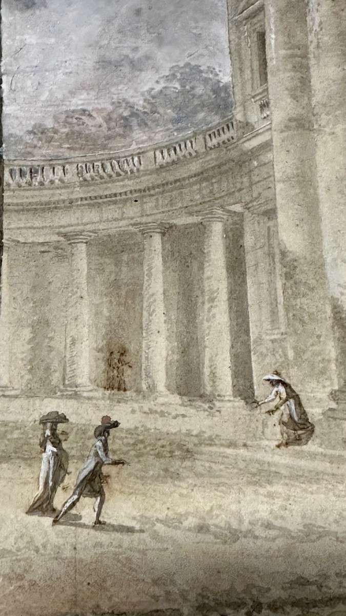 Watercolor Painting On Paper "temple With Characters" - Neoclassical.-photo-3