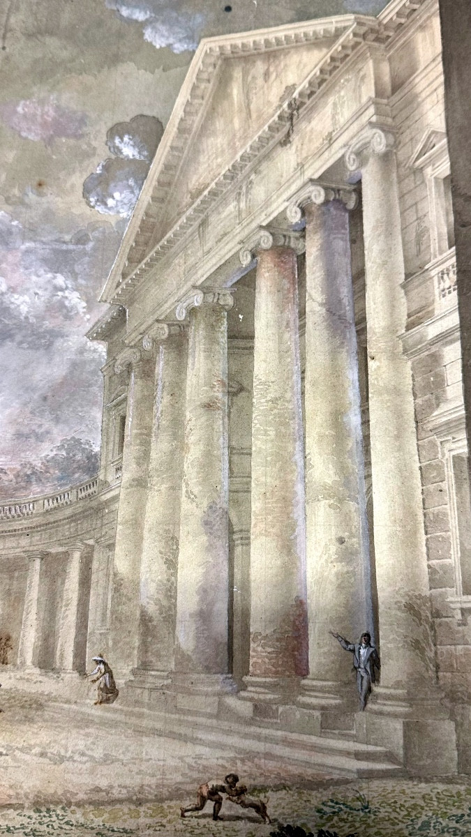 Watercolor Painting On Paper "temple With Characters" - Neoclassical.-photo-2