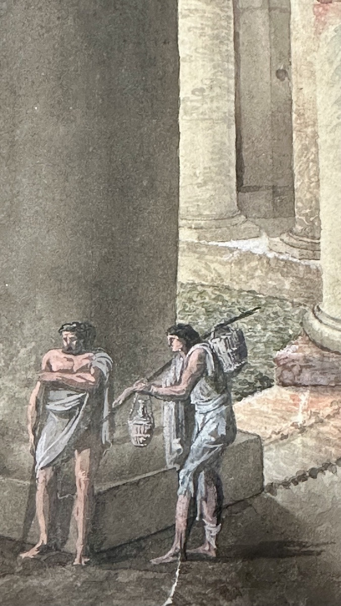 Watercolor Painting On Paper "temple With Characters" - Neoclassical.-photo-3