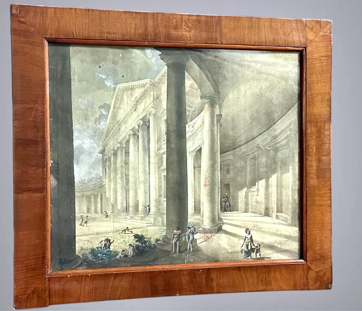 Watercolor Painting On Paper "temple With Characters" - Neoclassical.