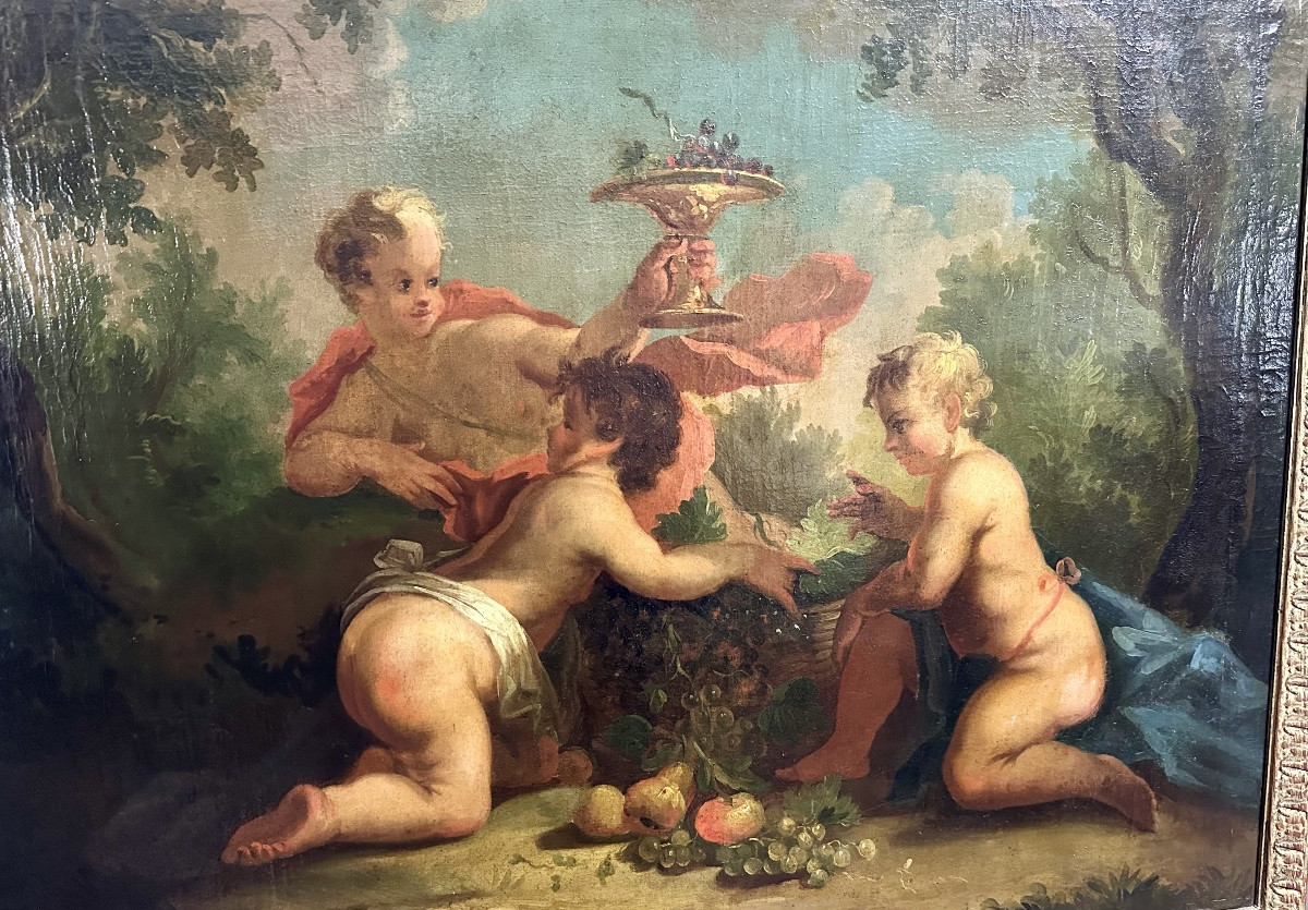 Painting, Oil On Canvas "cherubini's Feast In A Landscape" - 18th Century-photo-1