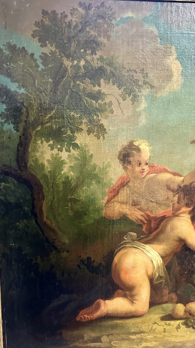 Painting, Oil On Canvas "cherubini's Feast In A Landscape" - 18th Century-photo-2