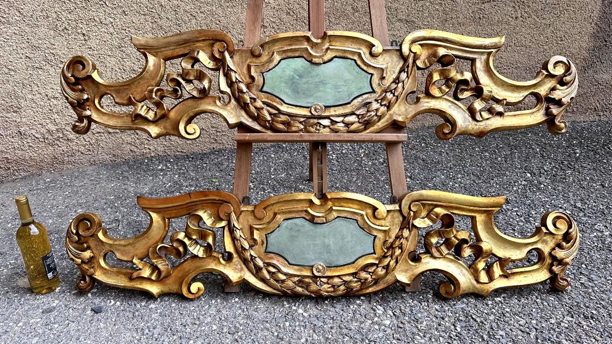 Paire De Grandes Frises, Dessus De Portes, Corniches En Bois Doré - XIXe Siècle