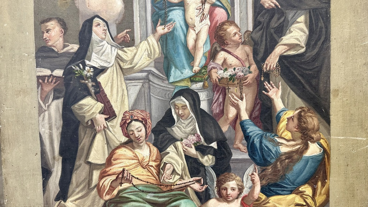 Peinture, esquisse, huile sur toile « Madonna del Rosario » - XIXe siècle-photo-3