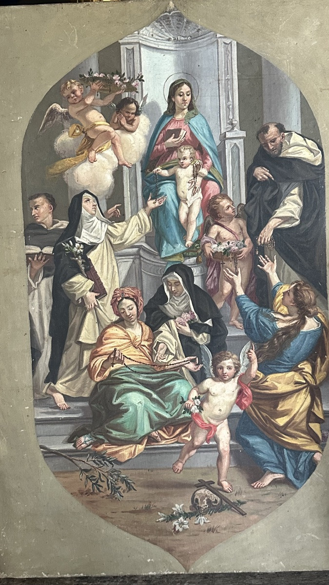 Peinture, esquisse, huile sur toile « Madonna del Rosario » - XIXe siècle-photo-3